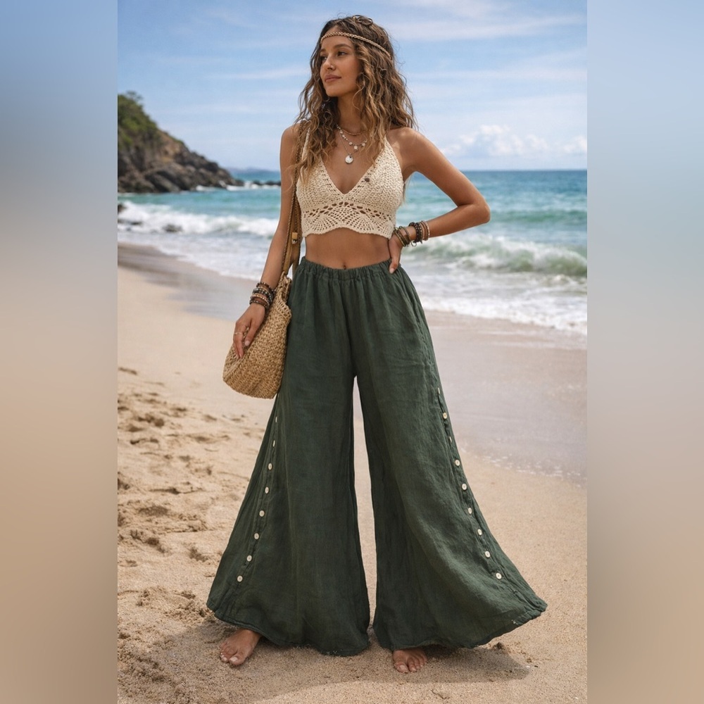 Oh My Gauze! Wide Leg Button-Accent Gauze Pants in Olive Green